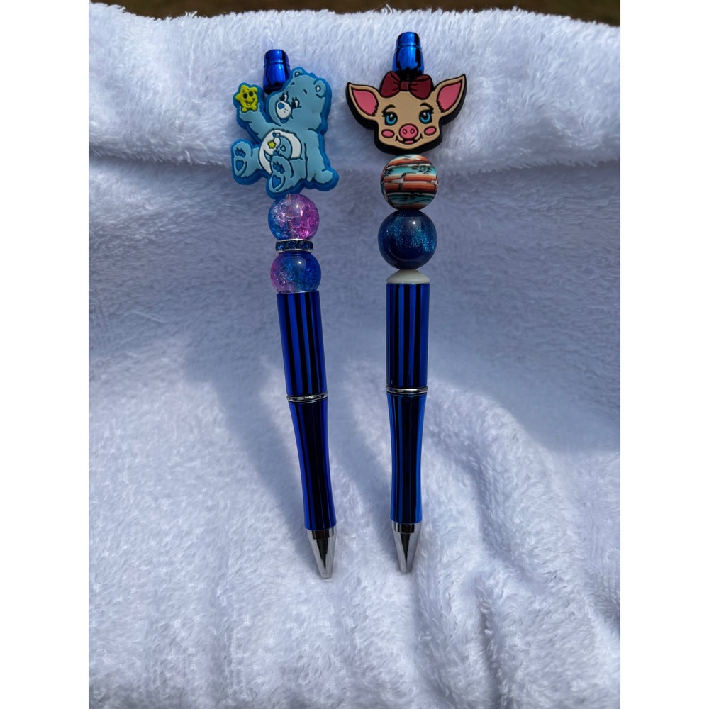 Set of 2 Blue Beaded Pens with Bear and Pig Character Toppers Handcrafted Gift - Picture 2 of 2